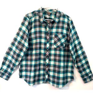 Eddie Bauer Women's Flannel Shirt Button Up Soft Blue Green Plaid  - XL  NWT